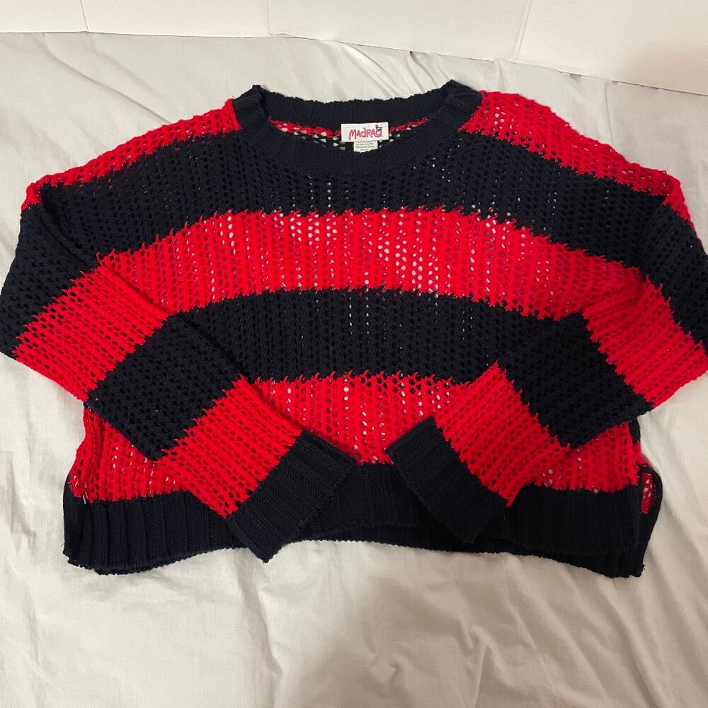 Vtg 90's Madrag Streetwear Distressed Cropped Crochet Sweater Womens Sz L USA